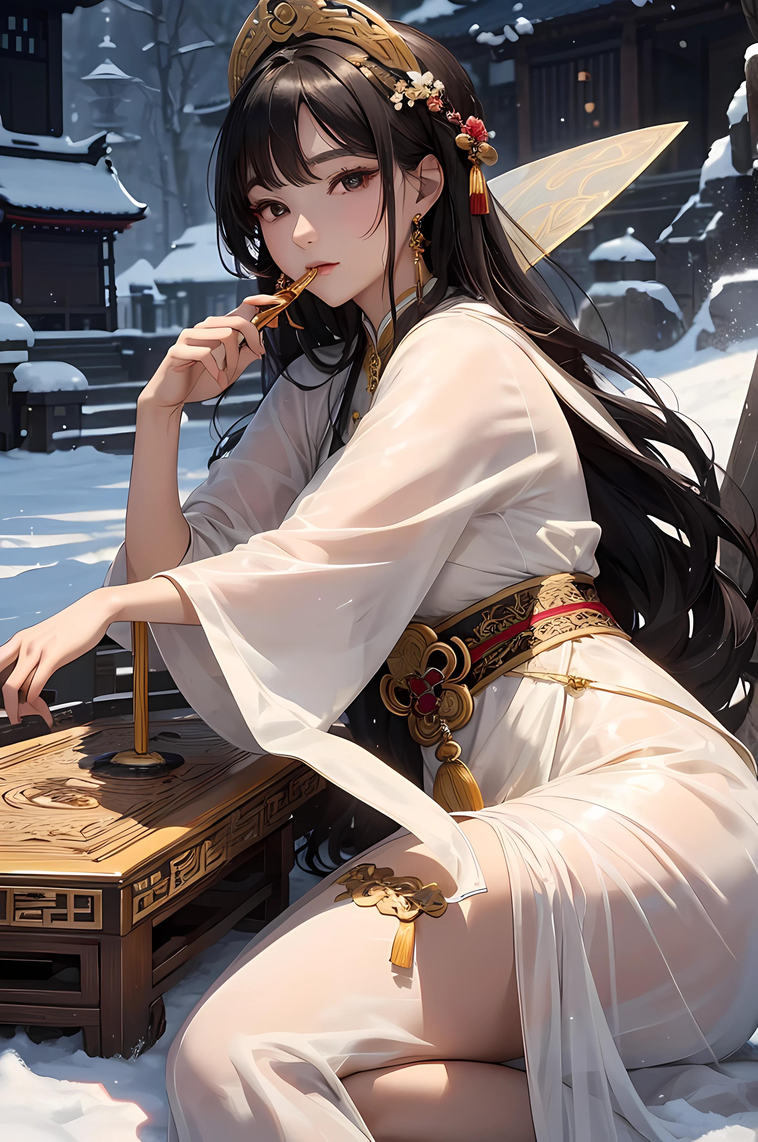 A woman in a white dress sitting on a snow covered ground - SeaArt AI